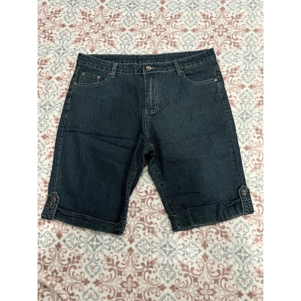 T&Y Fashion Womens Dark Wash Denim Bermuda Shorts Embroidered Pockets Size 17/18